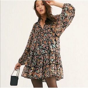 Free People Sheer Black Floral Babydoll Mini Dress Smocked Boho Small